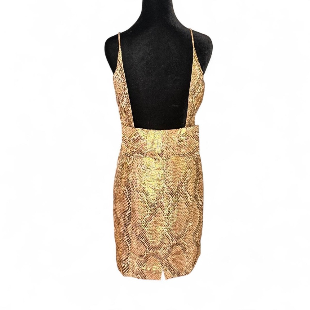 Tracy Reese Silk Gold Snakeskin Mini Dress Low Back Bow Metallic Cocktail 10